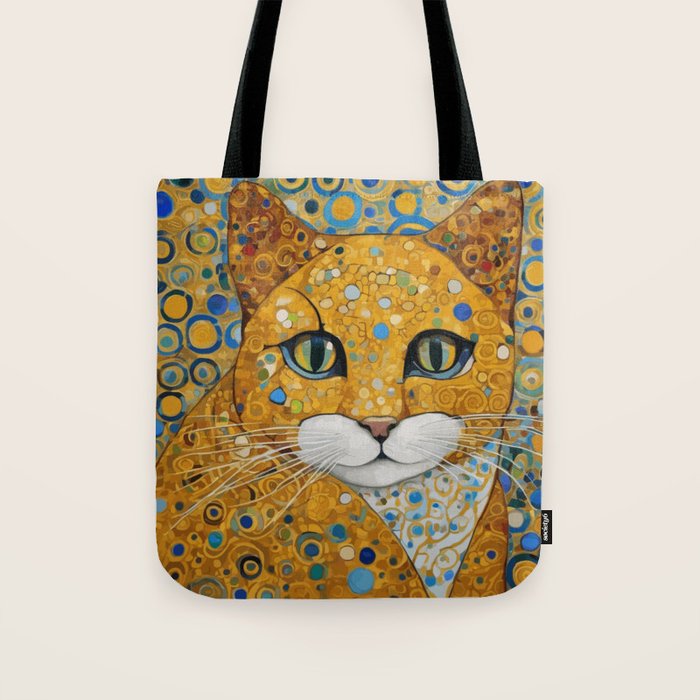 Blue and Gold Klimt Cat with Geometric Patterns Tote Bag Gallery Image 1