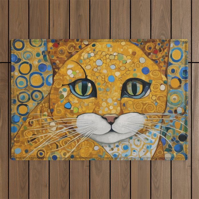 Blue and Gold Klimt Cat with Geometric Patterns Outdoor Rug Gallery Image 1