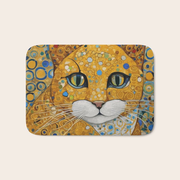 Blue and Gold Klimt Cat with Geometric Patterns Bath Mat Gallery Image 1