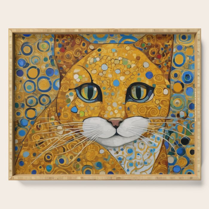 Blue and Gold Klimt Cat with Geometric Patterns Serving Tray Gallery Image 1