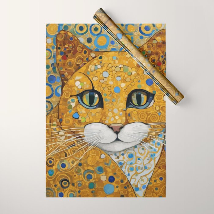 Blue and Gold Klimt Cat with Geometric Patterns Wrapping Paper Gallery Image 1