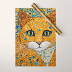 Blue and Gold Klimt Cat with Geometric Patterns Wrapping Paper Gallery Image 1