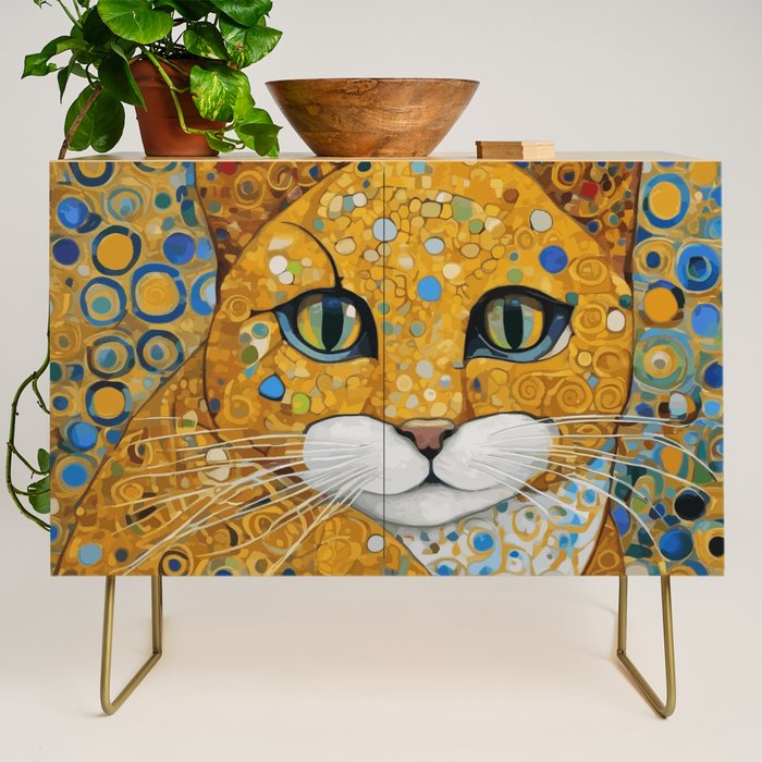 Blue and Gold Klimt Cat with Geometric Patterns Credenza Gallery Image 1