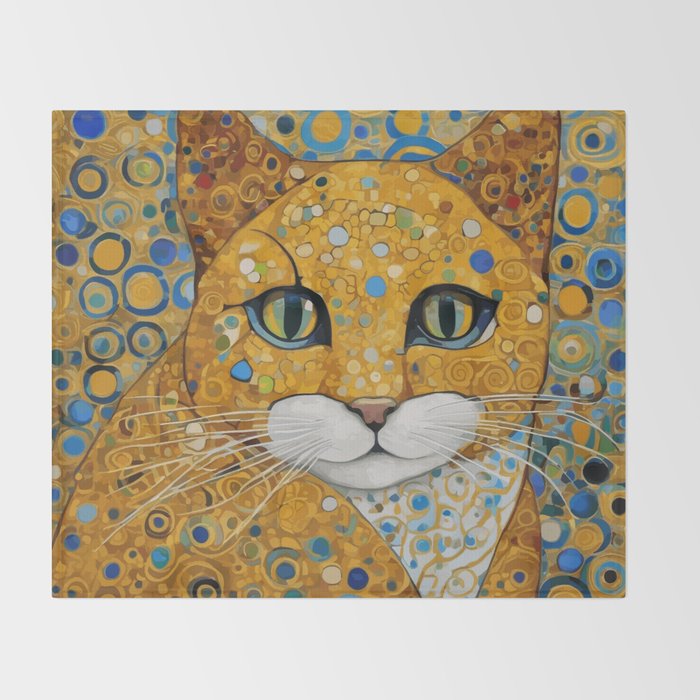 Blue and Gold Klimt Cat with Geometric Patterns Throw Blanket Gallery Image 2