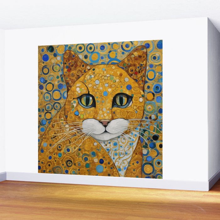 Blue and Gold Klimt Cat with Geometric Patterns Wall Mural Gallery Image 2