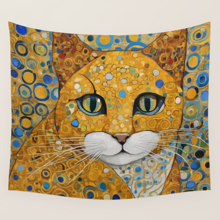 Blue and Gold Klimt Cat with Geometric Patterns Wall Tapestry Gallery Image 1