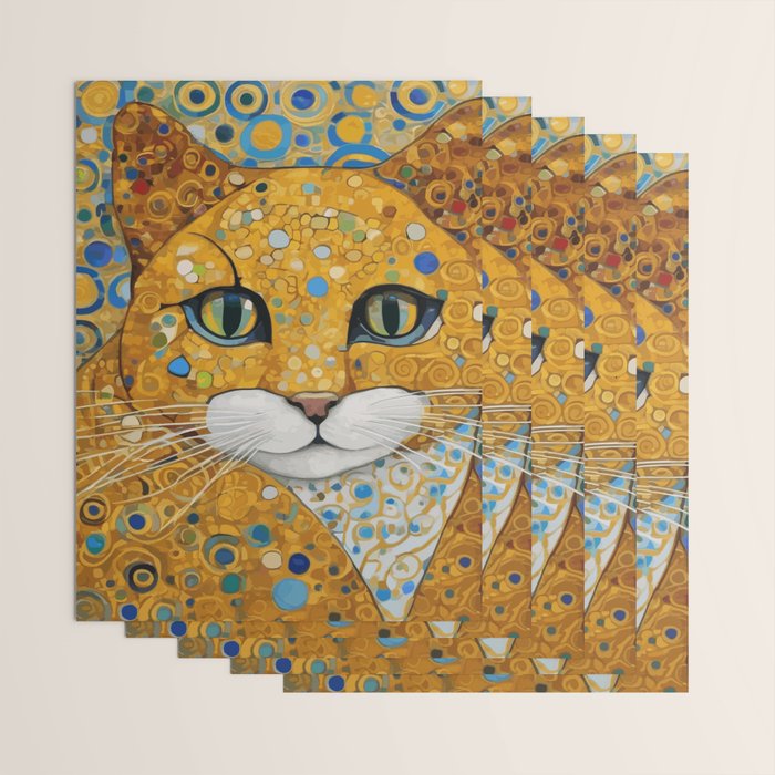 Blue and Gold Klimt Cat with Geometric Patterns Wrapping Paper Gallery Image 3