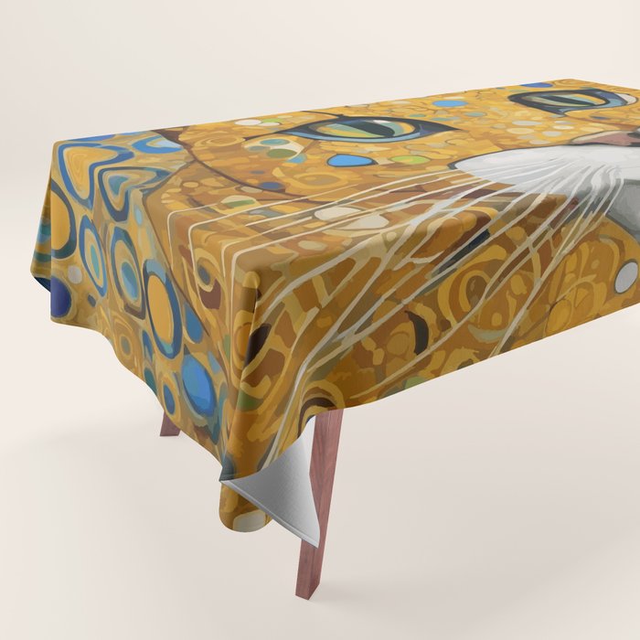 Blue and Gold Klimt Cat with Geometric Patterns Tablecloth Gallery Image 1