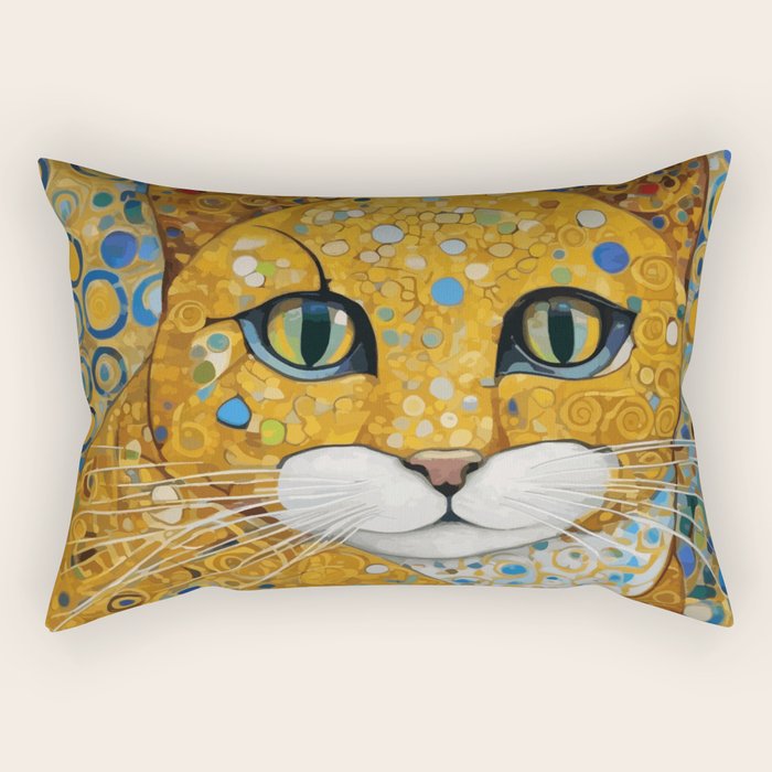 Blue and Gold Klimt Cat with Geometric Patterns Rectangular Pillow Gallery Image 2