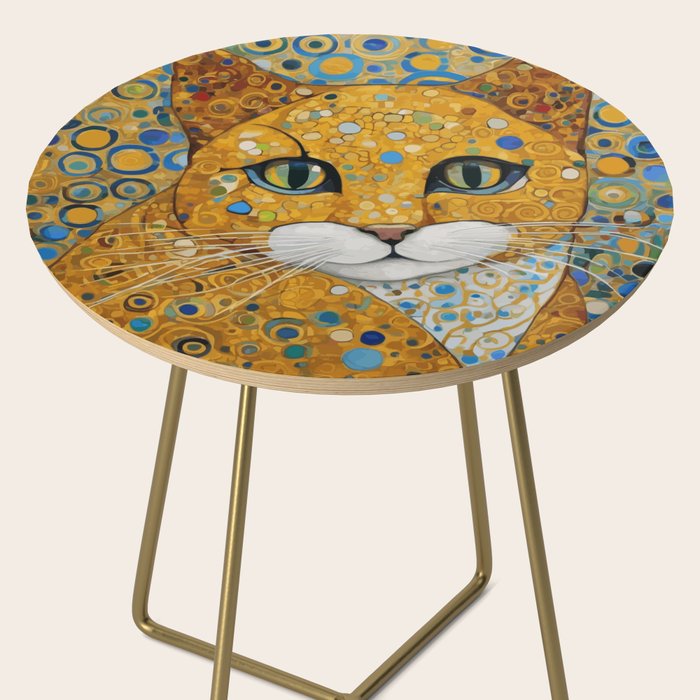 Blue and Gold Klimt Cat with Geometric Patterns Side Table Gallery Image 2