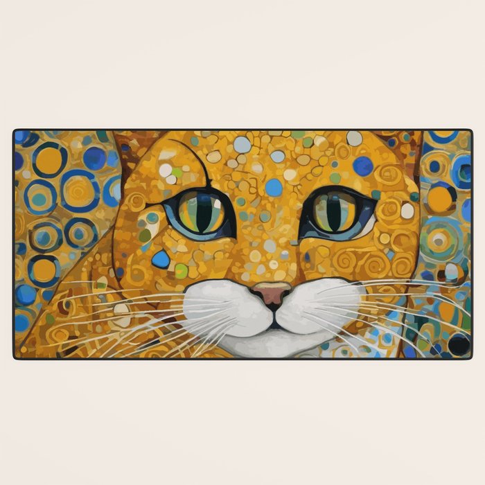 Blue and Gold Klimt Cat with Geometric Patterns Desk Mat Gallery Image 3
