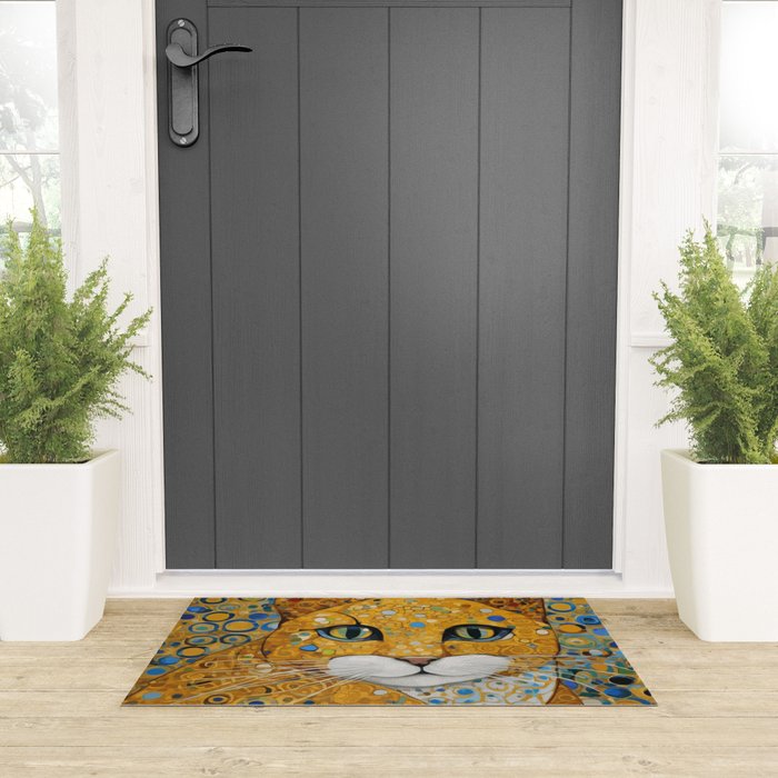 Blue and Gold Klimt Cat with Geometric Patterns Welcome Mat Gallery Image 3