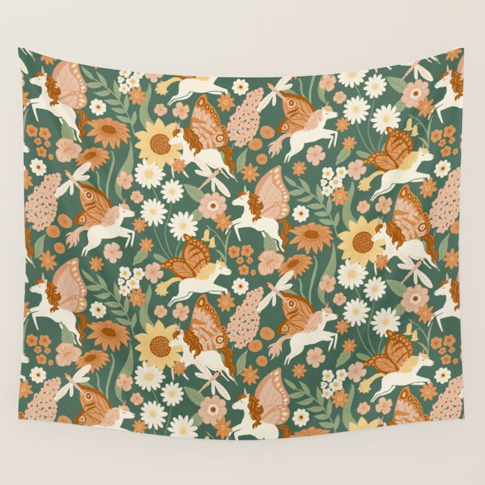 Butterfly Unicorns Frolicking in the Garden - Dark Wall Tapestry Gallery Image 4