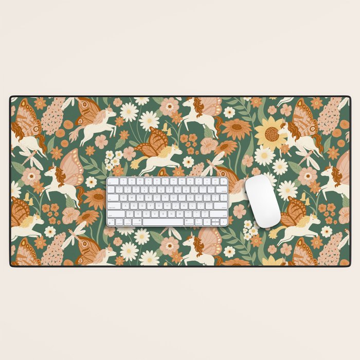 Butterfly Unicorns Frolicking in the Garden - Dark Desk Mat Gallery Image 1