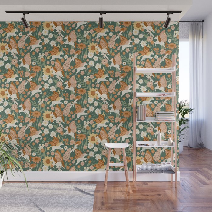 Butterfly Unicorns Frolicking in the Garden - Dark Wall Mural Gallery Image 1