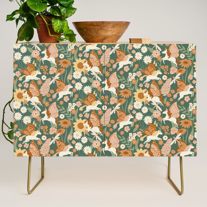 Butterfly Unicorns Frolicking in the Garden - Dark Credenza Gallery Image 1