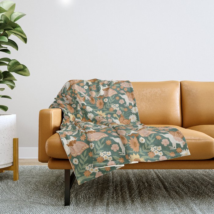 Butterfly Unicorns Frolicking in the Garden - Dark Throw Blanket Gallery Image 1