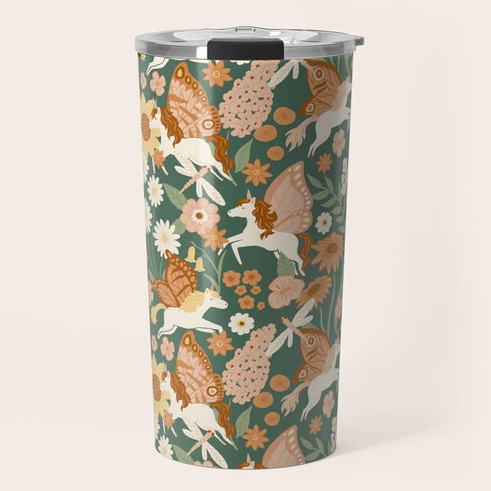 Butterfly Unicorns Frolicking in the Garden - Dark Travel Mug Gallery Image 1