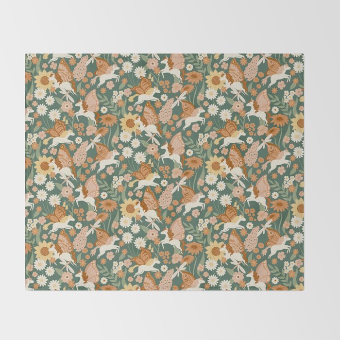 Butterfly Unicorns Frolicking in the Garden - Dark Throw Blanket Gallery Image 2
