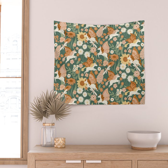 Butterfly Unicorns Frolicking in the Garden - Dark Wall Tapestry Gallery Image 2