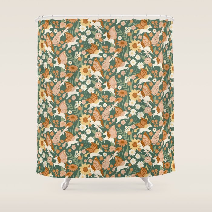 Butterfly Unicorns Frolicking in the Garden - Dark Shower Curtain Gallery Image 1