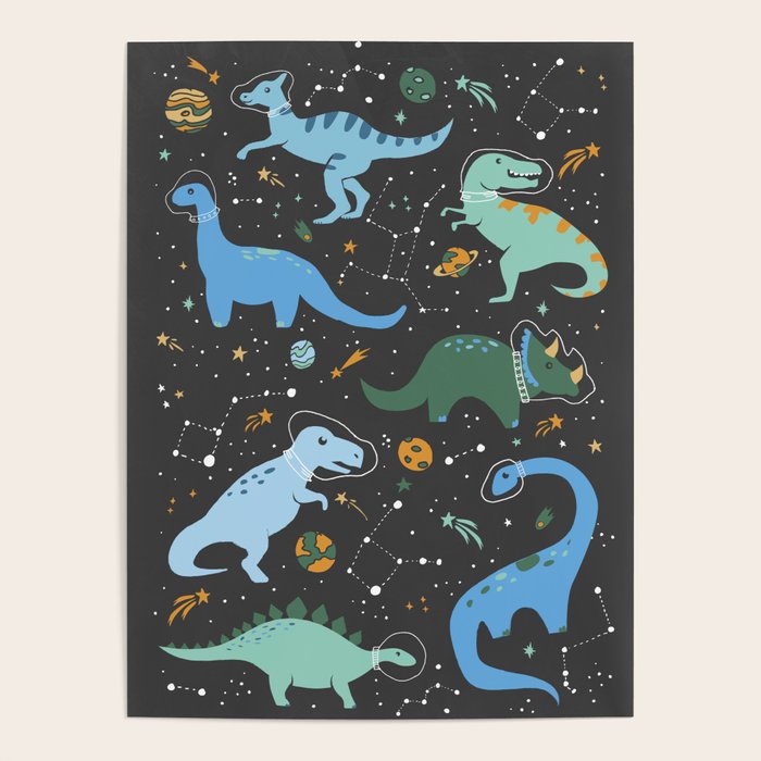 Dinosaurs in Space in Blue Poster Gallery Image 4