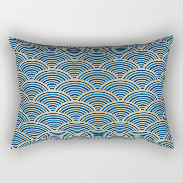 Festive, Art Deco, Wave, Pattern, Blue and Gold Rectangular Pillow Gallery Image 1