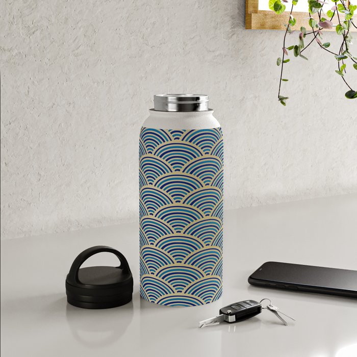 Festive, Art Deco, Wave, Pattern, Blue and Gold Water Bottle Gallery Image 4