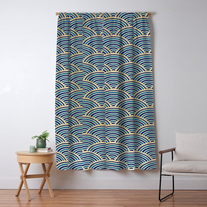 Festive, Art Deco, Wave, Pattern, Blue and Gold Window Curtain Gallery Image 1