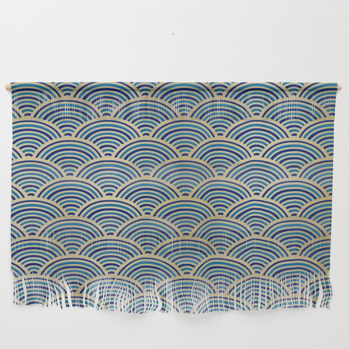 Festive, Art Deco, Wave, Pattern, Blue and Gold Wall Hanging Gallery Image 1