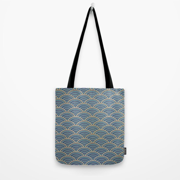 Festive, Art Deco, Wave, Pattern, Blue and Gold Tote Bag Gallery Image 2