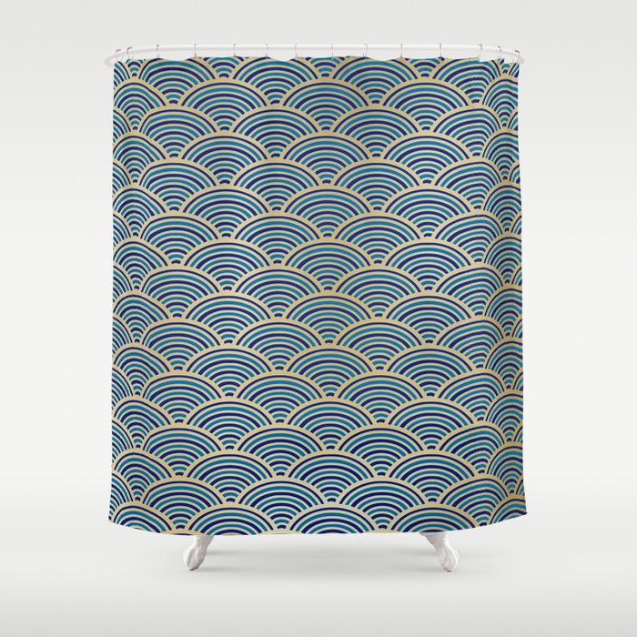 Festive, Art Deco, Wave, Pattern, Blue and Gold Shower Curtain Gallery Image 1