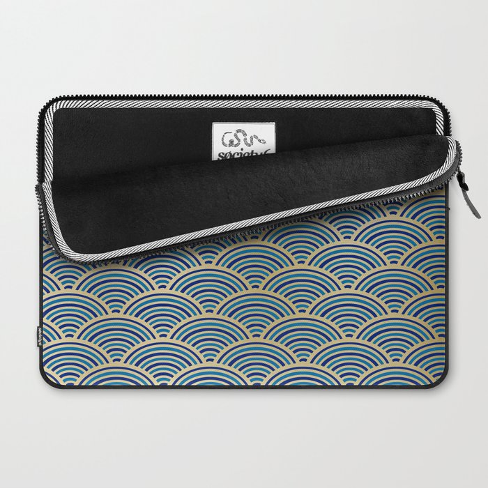 Festive, Art Deco, Wave, Pattern, Blue and Gold Laptop Sleeve Gallery Image 2