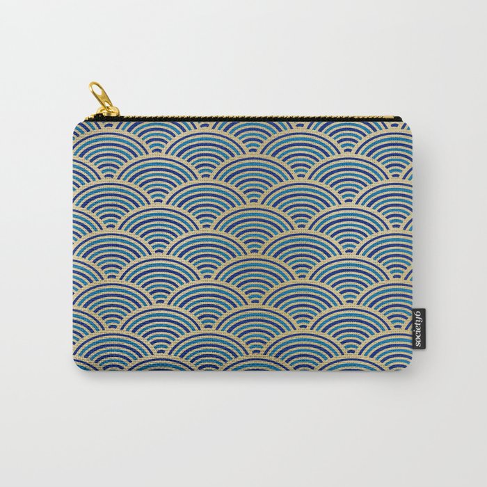 Festive, Art Deco, Wave, Pattern, Blue and Gold Carry All Pouch Gallery Image 1
