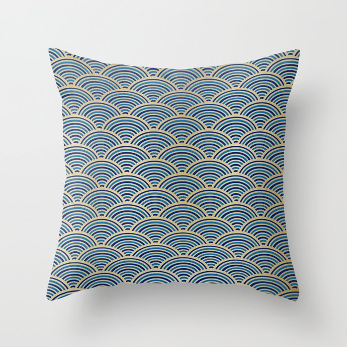 Festive, Art Deco, Wave, Pattern, Blue and Gold Throw Pillow Gallery Image 1
