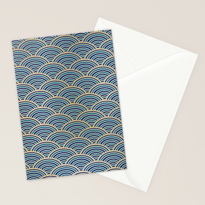 Festive, Art Deco, Wave, Pattern, Blue and Gold Stationery Card Gallery Image 2