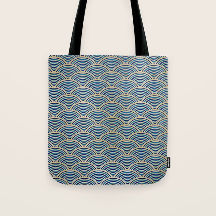 Festive, Art Deco, Wave, Pattern, Blue and Gold Tote Bag Gallery Image 1