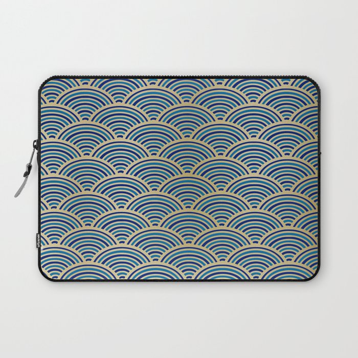 Festive, Art Deco, Wave, Pattern, Blue and Gold Laptop Sleeve Gallery Image 1