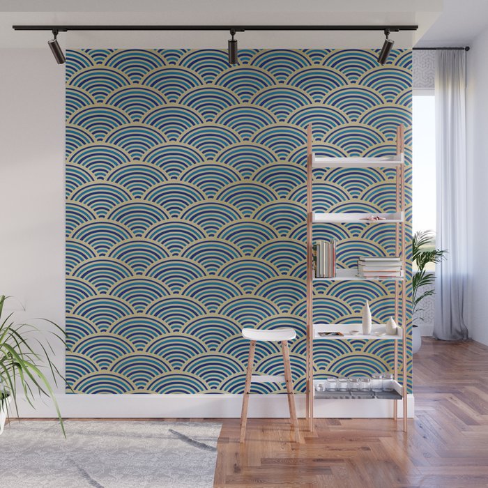 Festive, Art Deco, Wave, Pattern, Blue and Gold Wall Mural Gallery Image 1