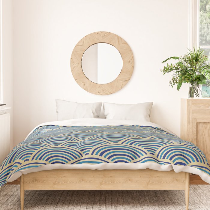 Festive, Art Deco, Wave, Pattern, Blue and Gold Duvet Cover Gallery Image 3
