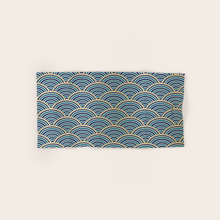 Festive, Art Deco, Wave, Pattern, Blue and Gold Bath Towel Gallery Image 1