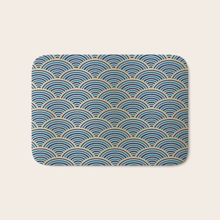 Festive, Art Deco, Wave, Pattern, Blue and Gold Bath Mat Gallery Image 1