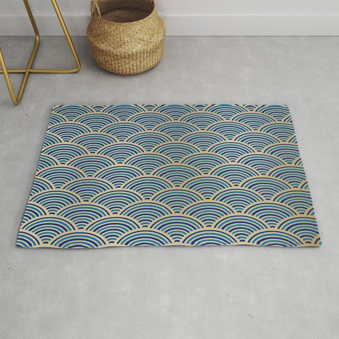 Festive, Art Deco, Wave, Pattern, Blue and Gold Rug Gallery Image 1