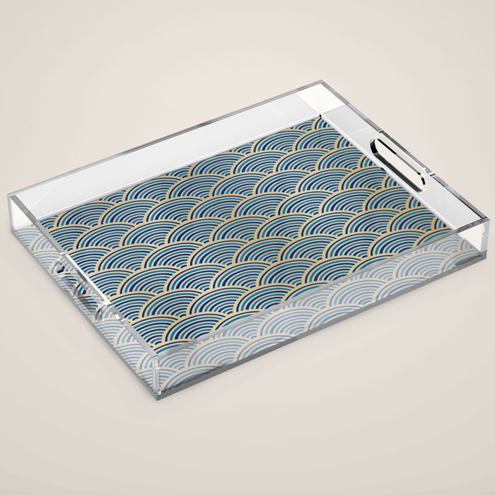 Festive, Art Deco, Wave, Pattern, Blue and Gold Acrylic Tray Gallery Image 1