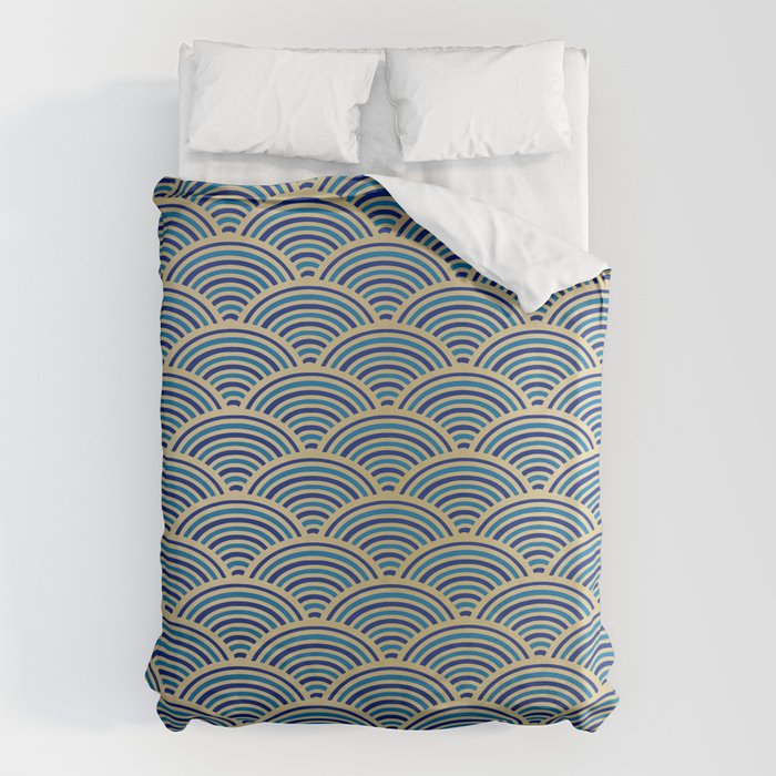 Festive, Art Deco, Wave, Pattern, Blue and Gold Duvet Cover Gallery Image 1
