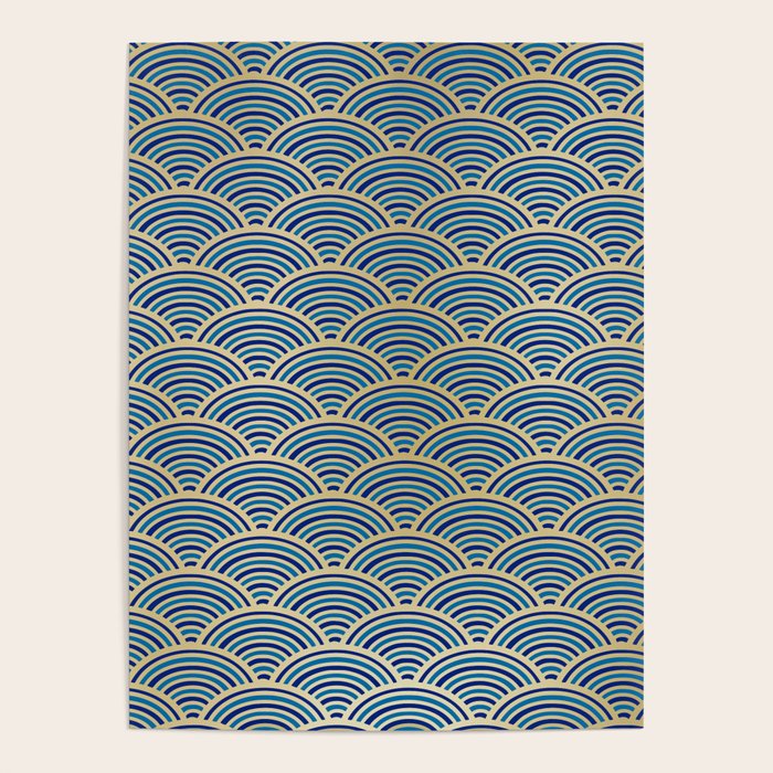 Festive, Art Deco, Wave, Pattern, Blue and Gold Poster Gallery Image 1