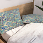 Festive, Art Deco, Wave, Pattern, Blue and Gold Pillow Sham Gallery Image 2