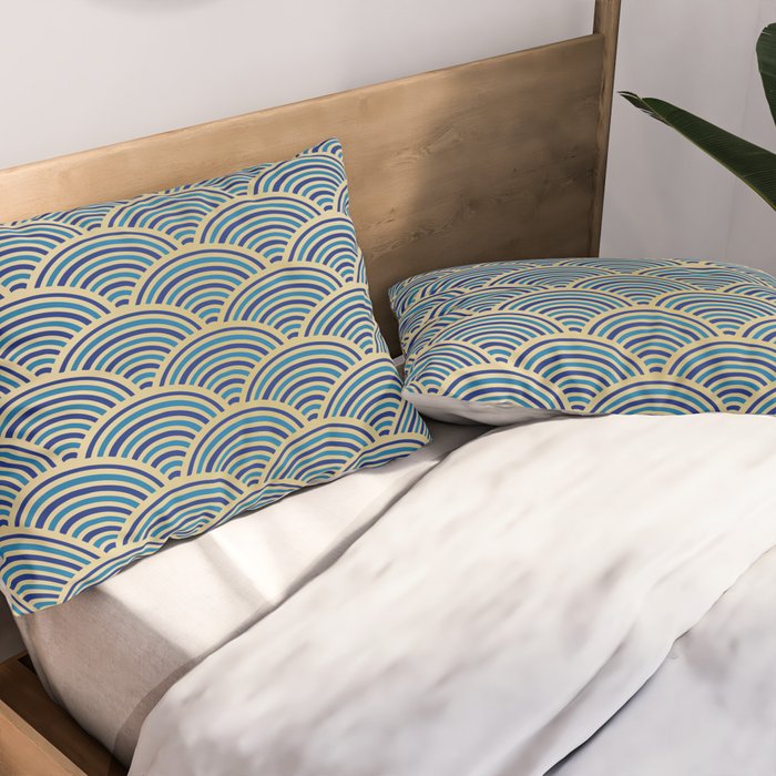 Festive, Art Deco, Wave, Pattern, Blue and Gold Pillow Sham Gallery Image 2