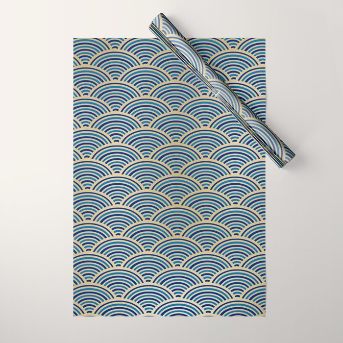 Festive, Art Deco, Wave, Pattern, Blue and Gold Wrapping Paper Gallery Image 1