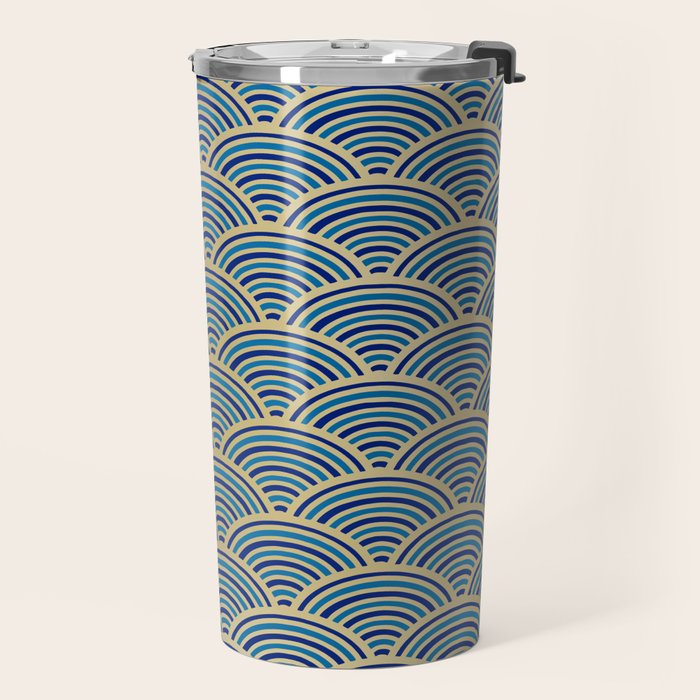 Festive, Art Deco, Wave, Pattern, Blue and Gold Travel Mug Gallery Image 2
